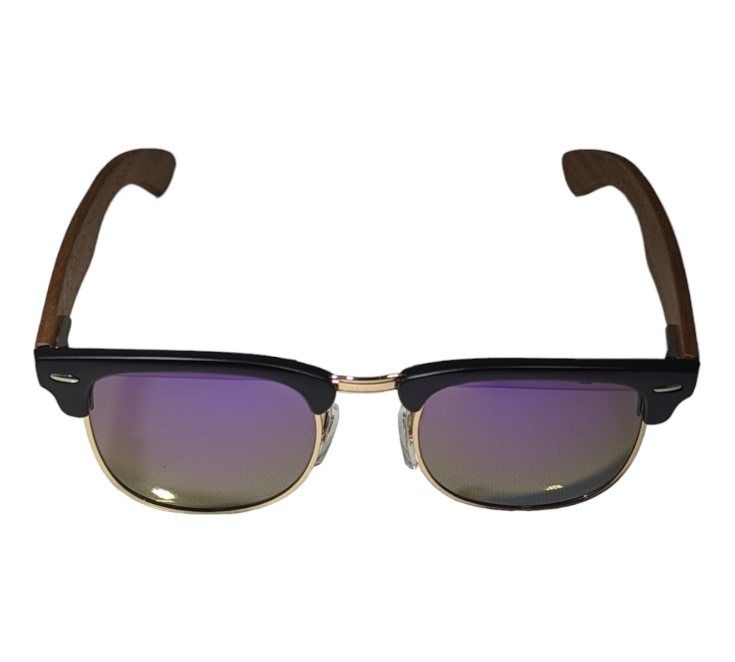 WALNUT WOOD HALF RIM SUNGLASSES WITH PURPLE MIRROR LENS