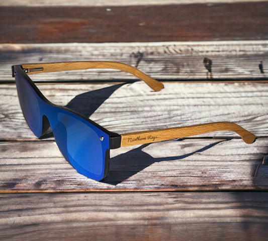 BEECH WOOD RIMLESS SUNGLASSES WITH ICE BLUE MIRROR LENS