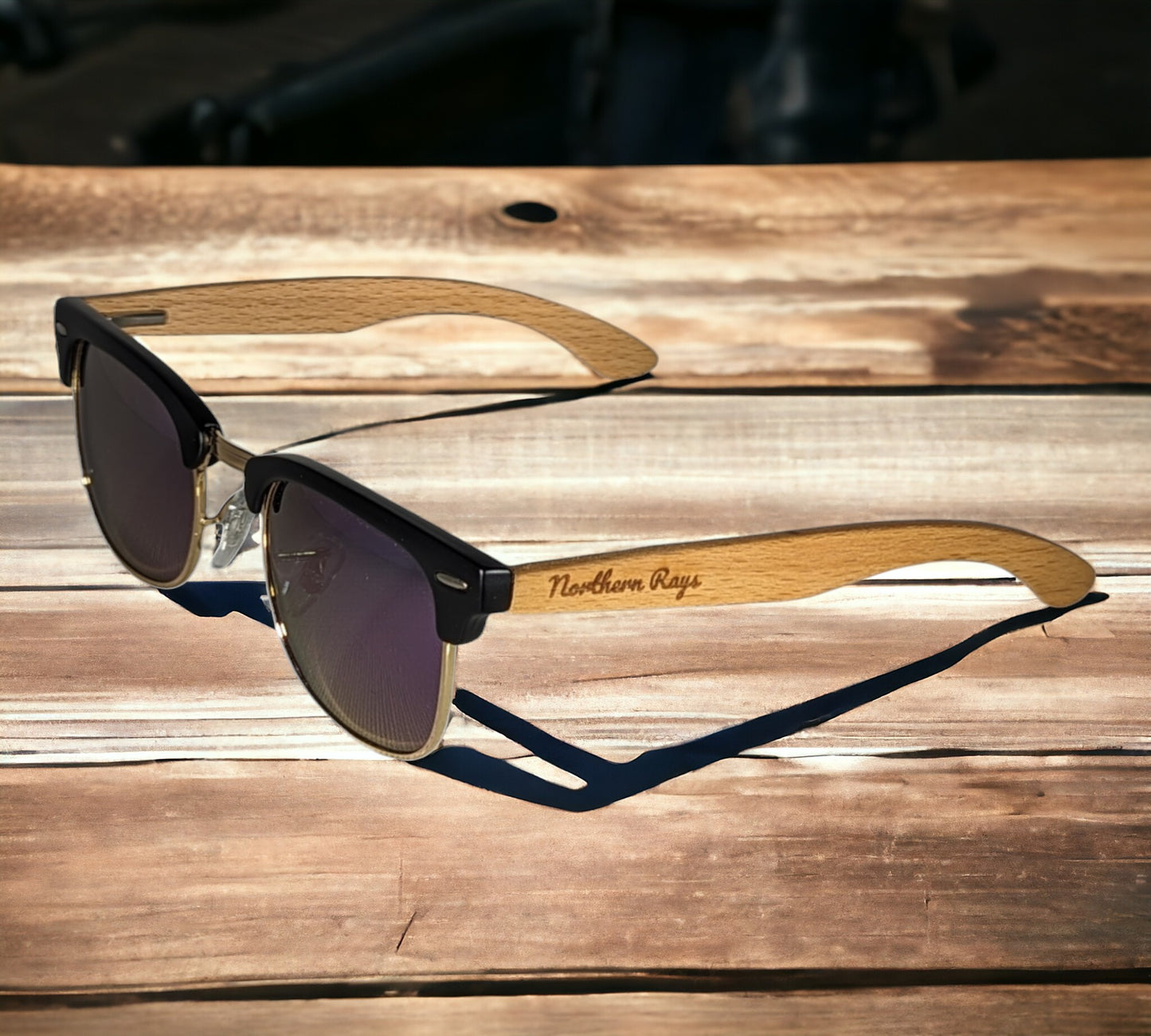 BEECH WOOD HALF RIM SUNGLASSES WITH PURPLE MIRROR LENS