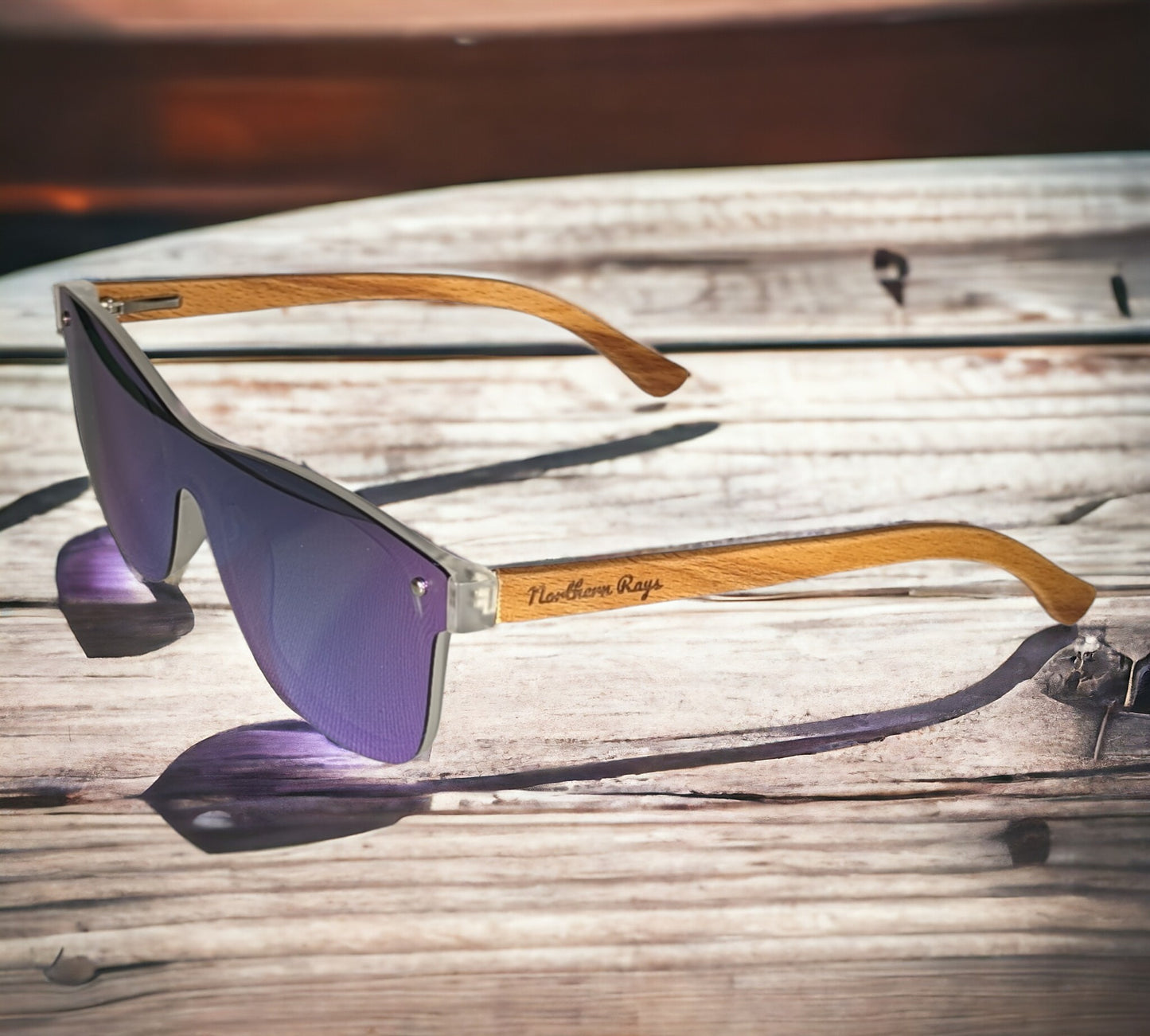 BEECH WOOD RIMLESS SUNGLASSES WITH GREEN/PURPLE MIRROR LENS