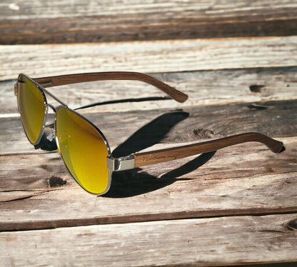 WALNUT WOOD AVIATORS WITH RED MIRROR LENS